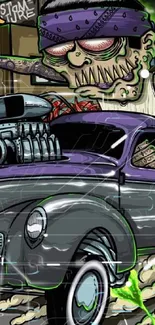 Zombie-themed car art with vibrant colors and an undead driver.