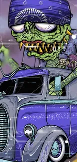 Zombie driving a vintage car in colorful, cartoon style wallpaper.