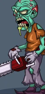 A colorful cartoon zombie holding a chainsaw in a fun mobile wallpaper.