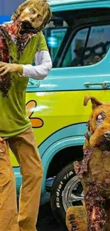 Zombie with demonic dog beside van, creepy wallpaper scene.