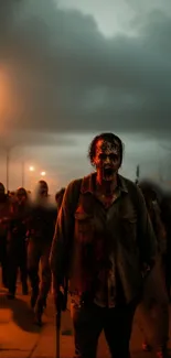 Zombie horde crossing street at dusk with eerie lighting and dark atmosphere.