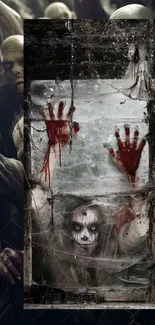 Terrifying zombie horde behind a fence, grasping forward.