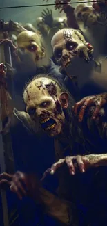 Terrifying zombie horde behind a fence with dark tones.