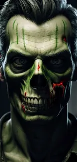 Zombie soldier with a skull face in dark, eerie tones for horror-themed wallpaper.