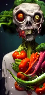 Zombie with vegetables in a colorful, surreal style on a dark background.