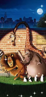 Fun animated zoo animals in a moonlit scene.