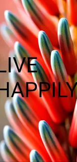 Live Happily motivational abstract red floral wallpaper.